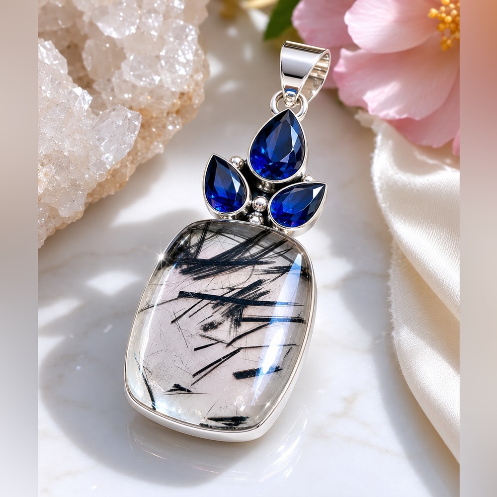 Artisan Handcrafted Jewelry Pendant Ntural TOURMALINATED QUARTZ  w/Blue Accents